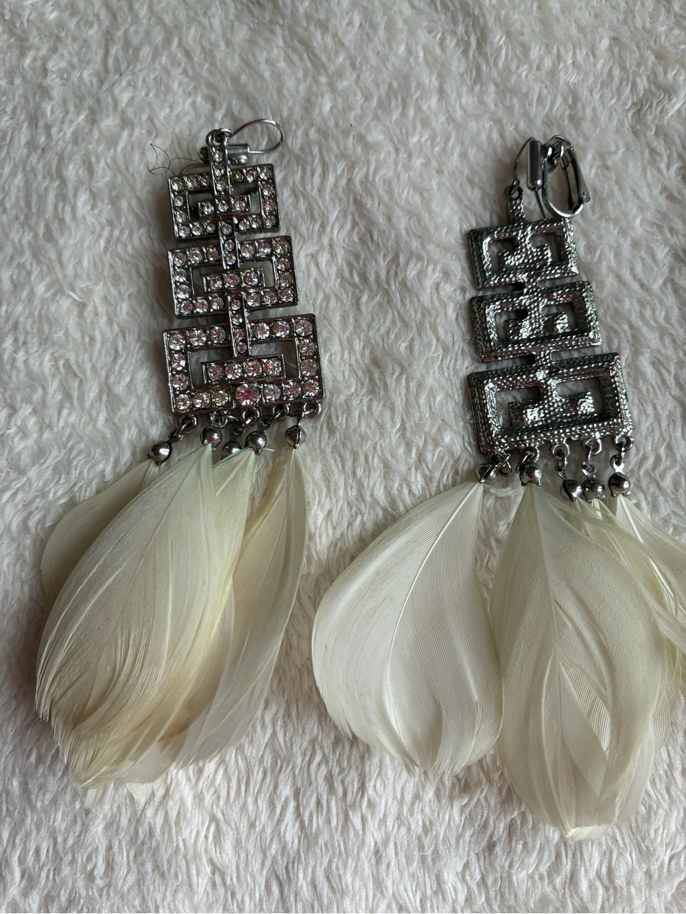 Silver-Tone Crystal & Ivory Feather Drop Earrings